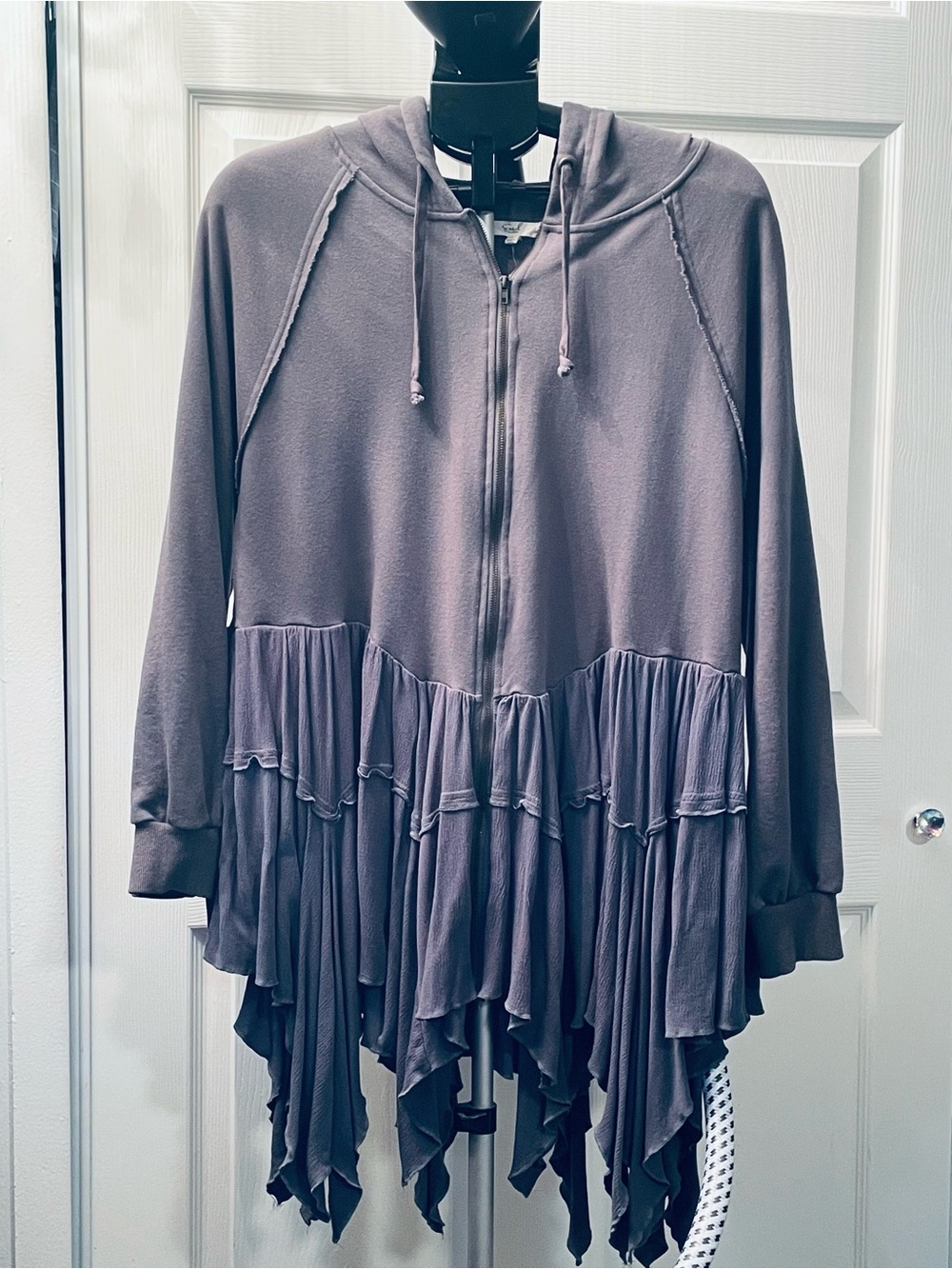 Women's Hooded Zip-Front Ruffle Hem Jacket - top is grey & the bottom is slate